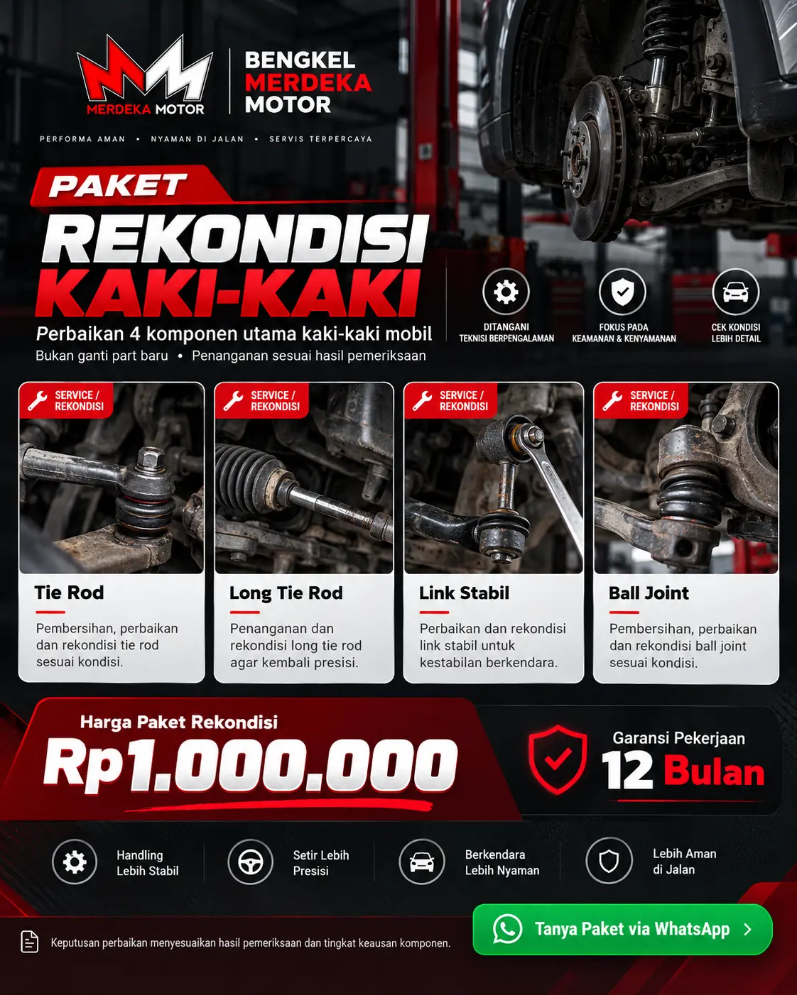 Poster paket perbaikan dan rekondisi Tie Rod, Long Tie Rod, Link Stabil, dan Ball Joint Merdeka Motor dengan harga Rp1 juta dan garansi 12 bulan
